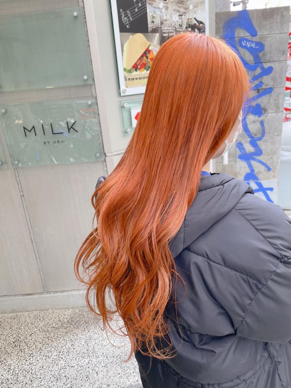 オレンジカラー/韓国/春カラー/巻き髪/ブリーチ
